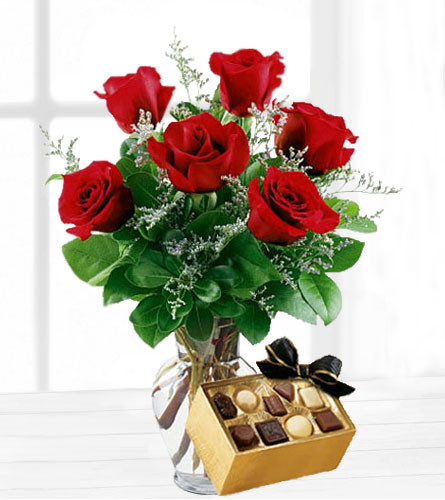 Six Red Roses with Chocolates